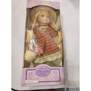 Collectable Porcelain Doll in Box Blonde Hair Blue Eyes Brown Dress FlowerBasket